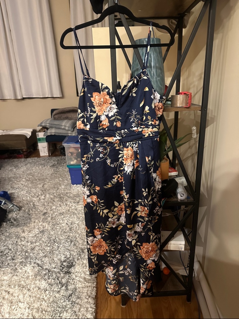 Lulu's Navy Floral Midi Dress with Peach Blooms